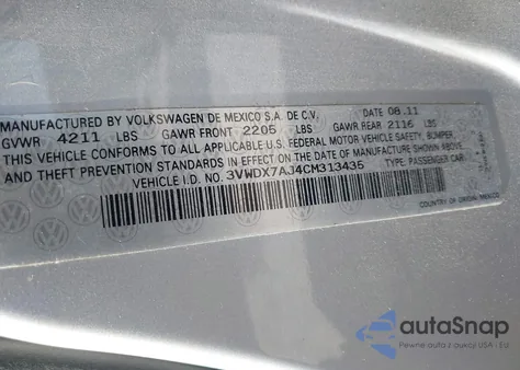 2012 Volkswagen Jetta 2.5L Se z USA, uszkodzony, nr VIN 3VWDX7AJ4CM313435